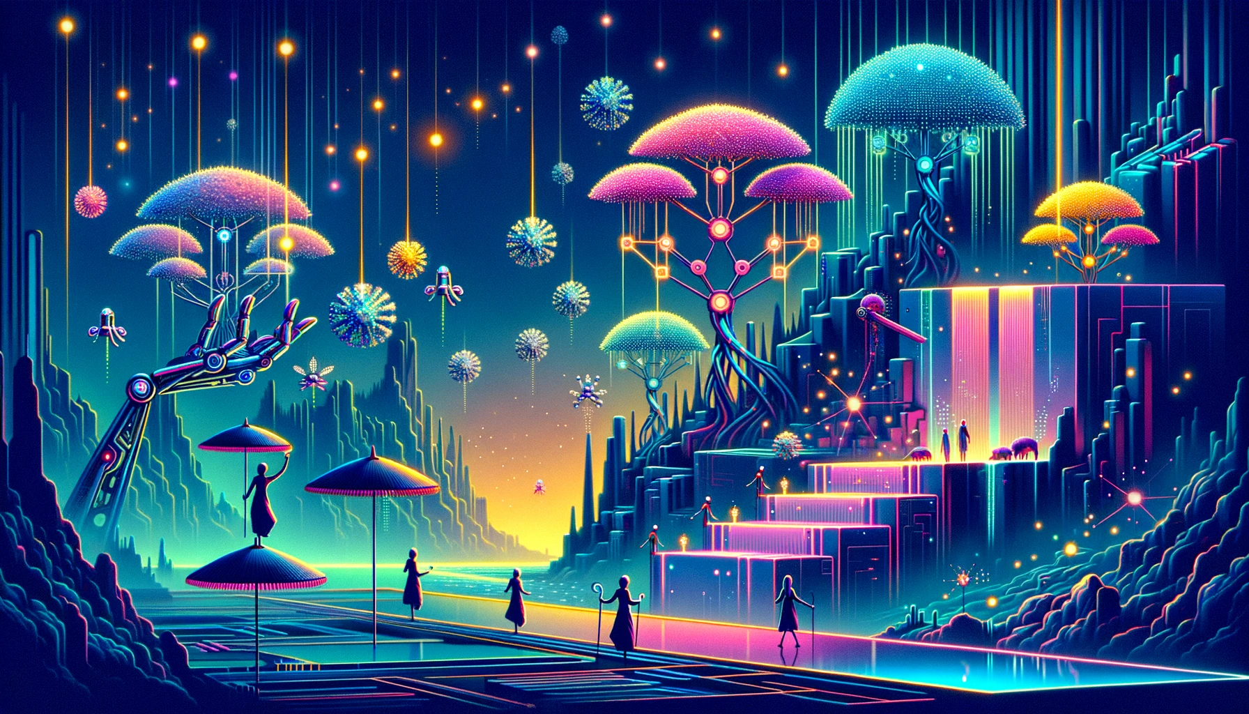 Illustration of metaverse landscape with surrealistic and neon cyber aesthetics, nanobots creating nature replicas, and figures with umbrellas.