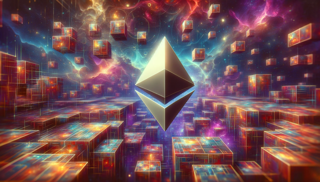 Ethereum blockchain blocks in a surreal, ethereal landscape.